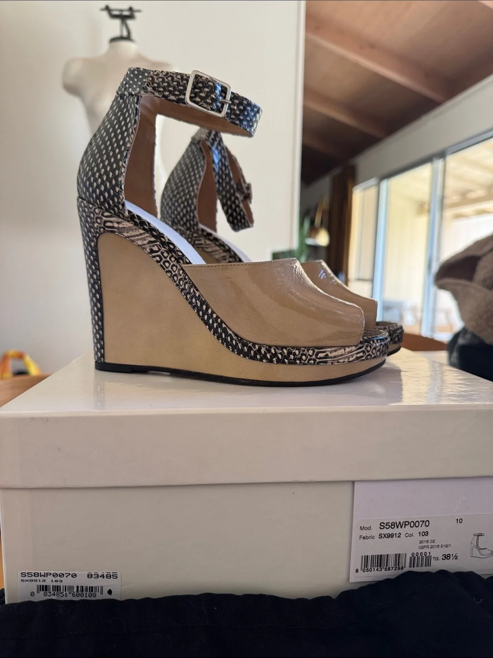 NWB Maison Margiela patent leather wedge sandals with snakeskin print insert